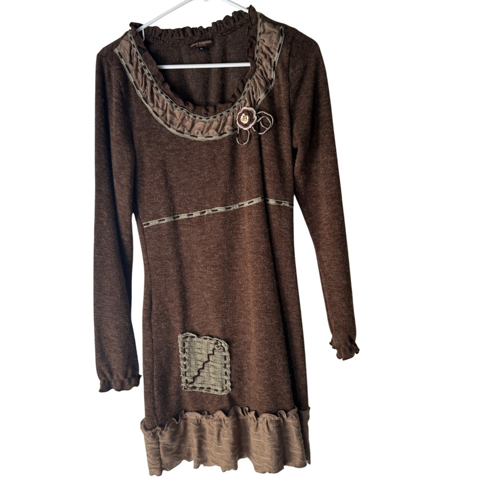 JOHN FASHION Y2k M Brown Knit Sweater Dress Patchwork Forest‎ Fairy Lagen Boho